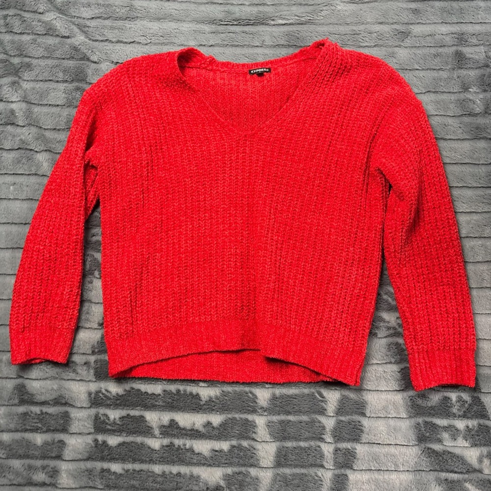 Express Womens Red Chenille V-Neck Ribbed Knit Sweater Size M EXCN-601CC